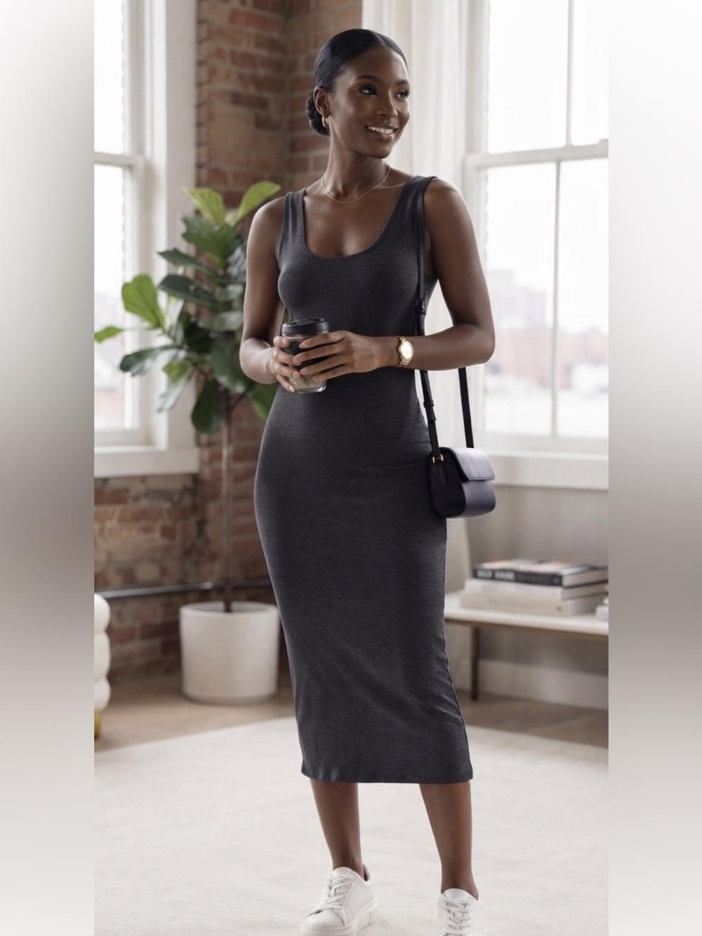 BOA Clean girl‎ Capsule Classic Grey Scoop-Neck Bodycon Midi Dress SzS